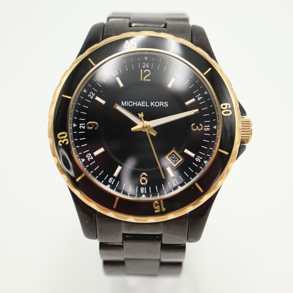 Michael Kors Mens Black Gold Tone Date 42mm Watch Date 6.5" Bracelet New Battery - Picture 5 of 11